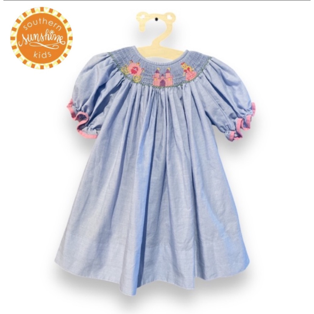 Southern Sunshine Blue Gingham Cinderella Smocked Bishop Dress